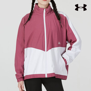 安德玛ua梭织连帽夹克女装春季新款拼接撞色运动服训练休闲外套