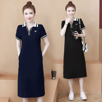 薇洛萱(weiluoxuan)2023夏季新款连衣裙女装polo衫显瘦短袖过膝开叉中