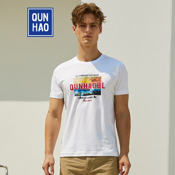群豪男装短袖t恤潮流时尚图案印花圆领休闲汗衫新品 白色 46(165/84y)