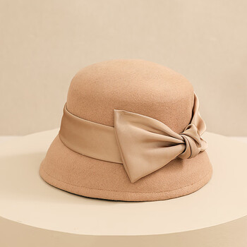 mismemo礼帽女秋冬2021新款法式名媛羊毛呢盆帽复古小沿渔夫帽子驼色