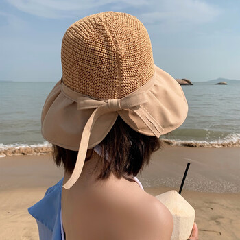 允倾新品蝴蝶结镂空渔夫帽女夏季大帽檐遮阳防晒帽透气太阳帽子 卡其