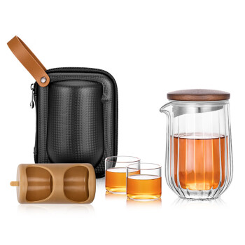 绿珠lvzhu 旅行茶具便携功夫茶具套装快客杯 高硼硅玻璃茶壶茶杯旅游茶具便捷包 Q759黑色
