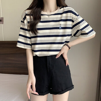 摩时袋衣服女装夏天微胖女生的短袖条纹肩遮肚子t恤女夏季宽松显瘦