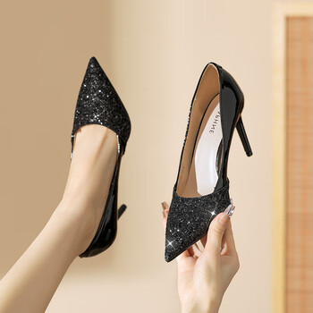 亮片漆皮尖头单鞋黑色【跟高8cm】34>名典风度(mingdianfengdu)高跟