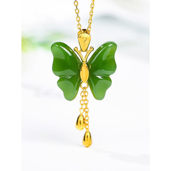 简奢唯爱金镶玉碧玉吊坠足金999蝴蝶节女项链和田玉挂坠送女士节日