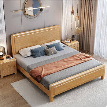 曲巧实木床现代中式双人床主卧婚床工厂直销榉木床原木储物床卧室家具