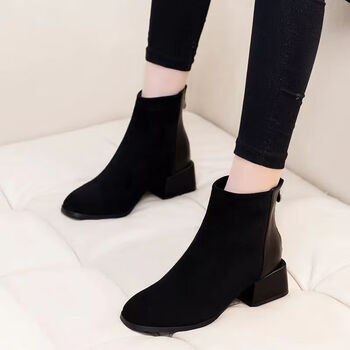 waitawait女士翻毛皮鞋高帮女靴短靴女秋冬新款瘦瘦靴粗跟短筒马丁靴