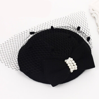 韩国网纱蕾丝帽子发夹韩版毛呢兔毛球小礼帽边夹发饰头饰发箍发卡黑色