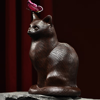 梵粟木雕小猫咪摆件实木雕刻工艺品可爱猫动物装饰品女生同学生日礼物