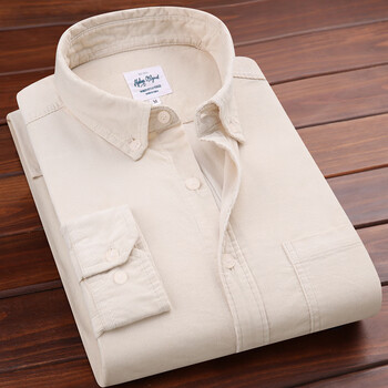 男孩男装复古纯棉磨毛灯芯绒长袖衬衫休闲翻领男装全棉条绒衬衣米白色