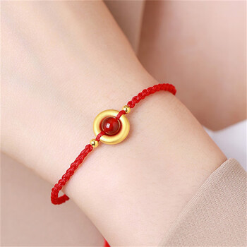 周大福硬金0本命年红玛瑙相思豆红豆手链转运珠素圈送女友老婆520送