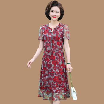 枫言娅夏季妈妈连衣裙50岁时尚小个子中年减龄装洋气蕾丝短袖中老年
