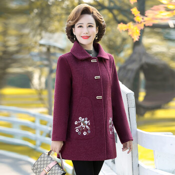 大妈外套冬母亲衣服50岁婆婆秋冬款毛呢毛料中长款翻领绣花呢子厚款