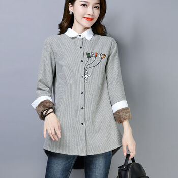 事思加绒刺绣条纹衬衫女中长款宽松显瘦秋冬加厚保暖外套长袖衬衣上衣