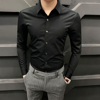 新品春季新款长袖衬衫男韩版潮修身免烫男士衬衣商务休闲男装黑色s