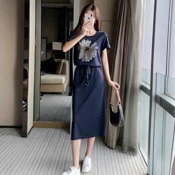 诺帝努官方甄选裙t恤连衣裙女夏装新款设计感小众抽绳收藏蓝色l