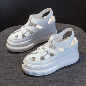 内增高包头凉鞋女2022年新款夏季坡跟罗马厚底松糕10cm小白鞋 白色 37