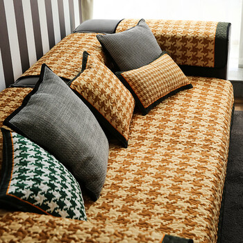 北欧简约时尚全棉沙发垫子现代经典黑白格防滑沙发巾布艺沙发套罩橘色