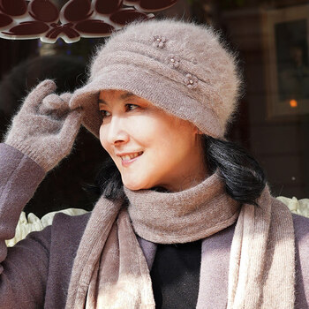 新品围巾帽子女中老年人仿兔毛针织毛线帽冬天老人帽子女秋冬奶奶中年