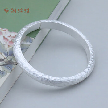 惬创贵妃泥鳅背锤点银手镯999足银云南手工定制实心哑光开口情侣银饰