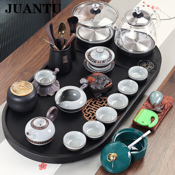 juantu小型整塊天然烏金石材茶盤茶具套裝全自動家用一體排水盤家用茶