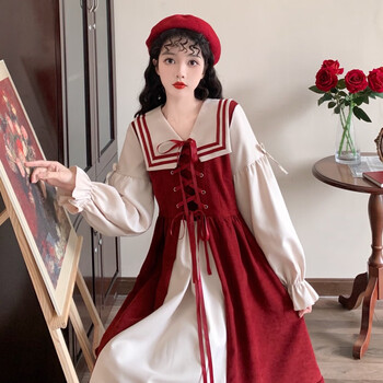 洛丽塔裙子大码法式甜美减龄撞色lolita裙女秋季胖mm遮肚子显瘦连衣裙