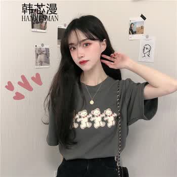 韩芯漫休闲短袖t恤女夏季原宿风bf韩国半袖上衣女学生韩版宽松百搭少女高中初中生夏天衣服女生t体桖衫小熊t恤烟灰色均码 图片价格品牌报价 京东