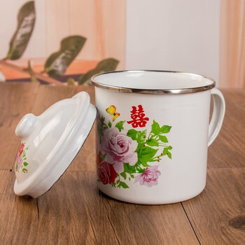 万园琦搪瓷杯大容量水杯怀旧花喜大茶缸餐具铁茶杯大号搪瓷杯加厚款