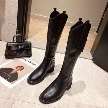 支持国产 纯门秋季新款骑士靴后拉链百搭低跟高筒女靴子皮面单靴子不
