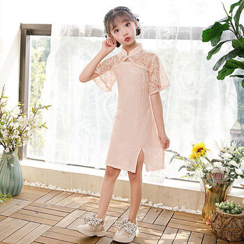 金勇女童旗袍夏季中国风儿童旗袍母女装春秋蕾丝珍珠改良中长款中大童