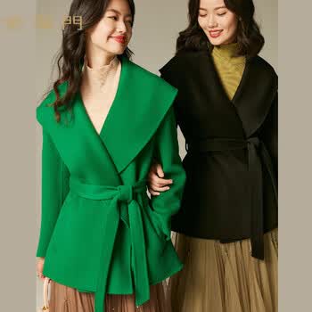 【100%绵羊毛】冬系腰带宽松双面呢一手长女式大衣毛呢大衣 绿色调 l