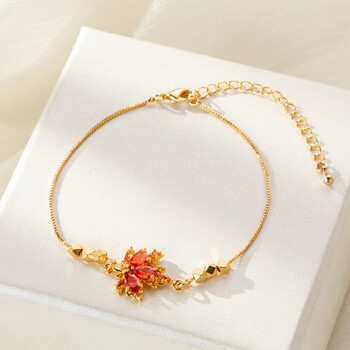 mieg韩版时尚红色枫叶锆石手链女精致铜镀金可调节手串通勤百搭手饰品