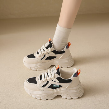 回小码女鞋春季2024年新款运动休闲鞋皮面防水老爹鞋厚底鞋子女米黑34