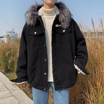 champion冠军加绒牛仔外套男女士冬季潮流夹克冬天加厚毛领牛仔上