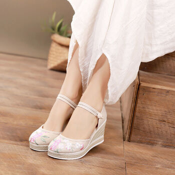 鞋子女汉服鞋复古老北京布鞋高跟9厘米古装坡跟单鞋凉鞋2110高8cm正码