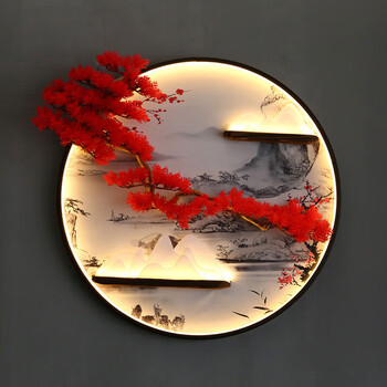 正对门玄关走廊过道圆形装饰画寓意好客厅晶瓷画带灯 鸿运当头黑色框)