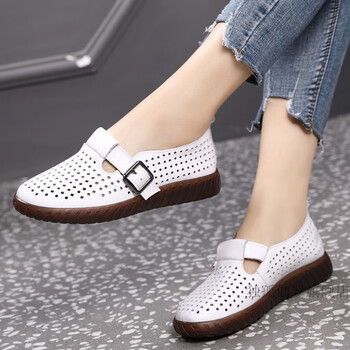 中老年皮鞋大码凉鞋女鞋平底洞洞鞋2022真皮软底洞洞女夏季新款镂空平