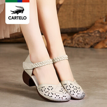 卡帝乐鳄鱼(cartelo)女鞋民族风粗跟凉鞋女真皮中跟软底舒适中空妈妈