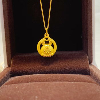 老凤凰999足金兔子项链女黄金十二生肖兔吊坠3d硬金圆圈萌兔本命年