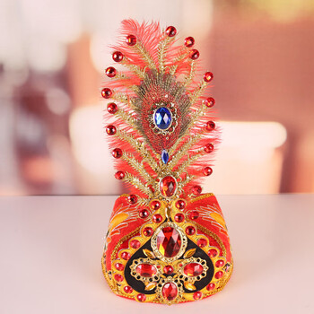 哈昱维吾尔族头饰正宗新疆舞女士帽子钻帽羽毛舞帽维族舞演出帽红色m