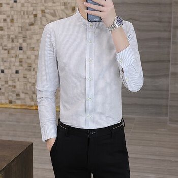 派奇诺中山小立领纯棉休闲衬衫男长袖全棉细条纹衬衫内搭衬衣男装白色