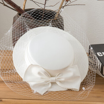 中老年女士帽子女春秋薄款网纱帽法式平顶新娘婚纱拍照白色礼帽夏复古