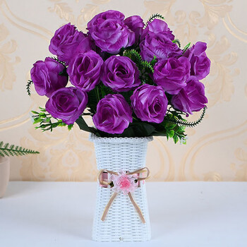 茶几摆设假花卧室装饰塑料花干花插花花艺 18朵紫玫瑰 花瓶(f款)l个