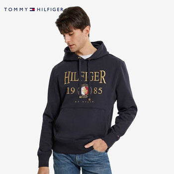 汤米希尔费格tommy男装简约纯棉重磅徽章刺绣宽松连帽套头卫衣mw0mw2