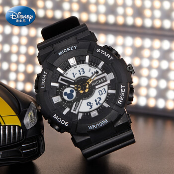 迪士尼(disney)儿童电子手表男孩防水运动机械小学生手表 黑灰色大号