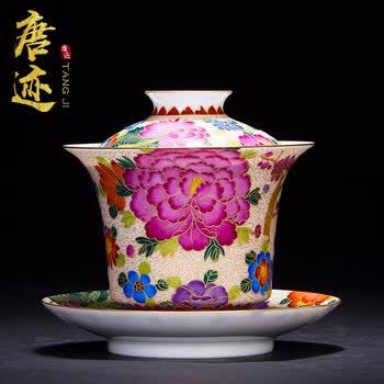 茶碗大号景德镇茶具手绘描金珐琅彩家用泡茶三才杯掐丝珐琅万花盖碗