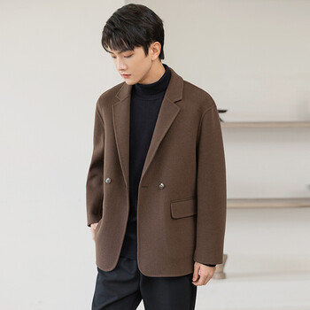 aii男士双面羊毛呢子休闲西装外套韩版潮秋冬季单西服上衣冬装摩卡2xl