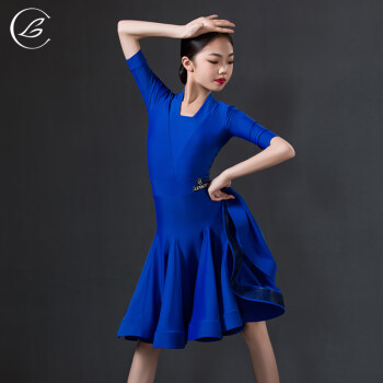 乐雅池拉丁舞比赛服连衣裙舞服中袖国标舞服2022新款拉丁舞裙女孩 蓝