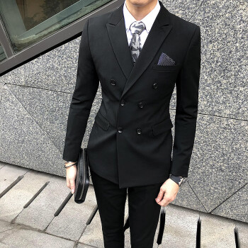 韓版伴郎新郎結婚禮服正裝修身職業休閒小西裝男秋冬品牌男裝 黑色 xl