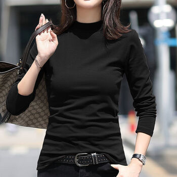 纯棉长袖t恤女百搭修身显瘦黑色上衣体恤黑色高领德绒保暖s89斤以下